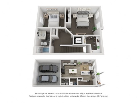 Floor plan for 2 beds, 1.5 baths, 1050 sqft